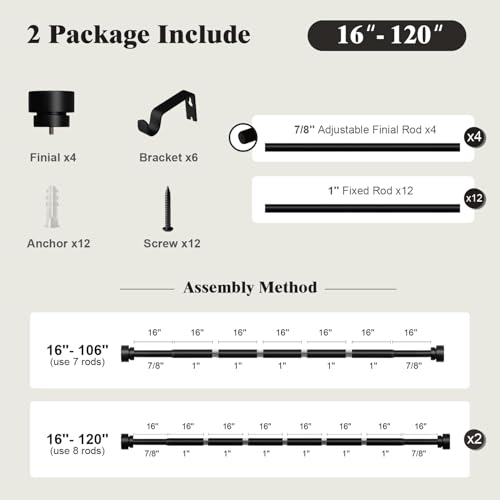Oneach 2-Pack Heavy Duty Black Curtain Rods 16-120 Inch Adjustable with Finials