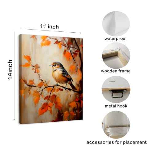 WODMIS Fall Bird Book Wall Decorations Framed Canvas Art, Rustic Autumn Maple Leaf Wall Decoration, Thanksgiving Harvest Decor Canvas Home Decorations for Living Room Kitchen Home Wall Decor 11x14