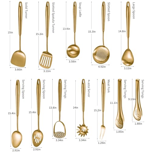 12-Piece Stainless Steel Kitchen Utensil Set with Gold Finish - Dishwasher Safe