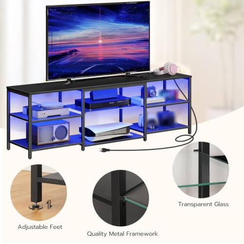 63-Inch Black LED TV Stand with Charging Station for 75 Inch TVs, Gaming Entertainment Center