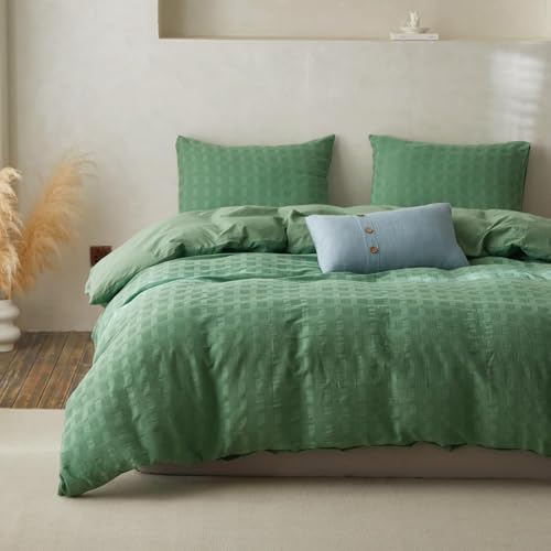 BISELINA Oversized King Cotton Duvet Cover Set Forest Green Waffle Weave Reversible Bedding