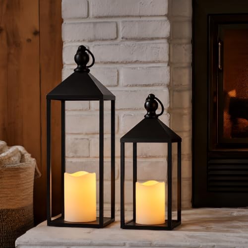 Decorative Lanterns Set of 2 Black Metal Lanterns with Flameless LED Candles - 17 & 13 Inches - Indoor & Outdoor Farmhouse Modern Decor