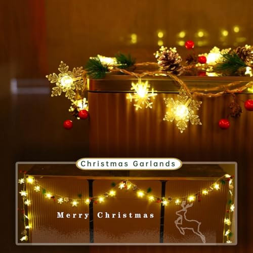 30 Led 10ft Christmas Garland Snowflake Lights, Pine Cones Red Berry Battery Operated Fairy String Lights 8 Lighting Modes with Timer Indoor Outdoor Tree Decor Fireplace Mantle Decorations Warm White