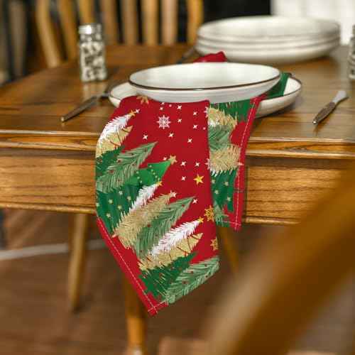 Horaldaily Christmas Cloth Napkins 18 x 18 Inch, Christmas Pine Tree Stars Red Party Dinner Decoration Washable Napkins Set of 4