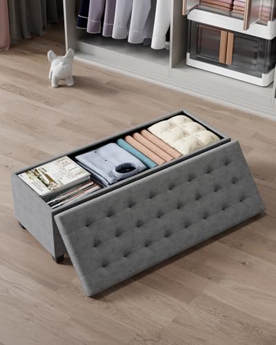 Chenille Storage Ottoman Bench Gray 43.5"W x 15.7"D x 15.7"H with Metal Frame