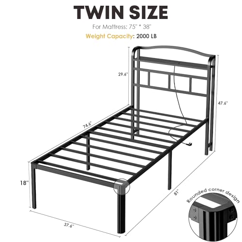 Twin Bed Frame with Storage Headboard and Charging Station - 18 Inch Black, Easy Assembly