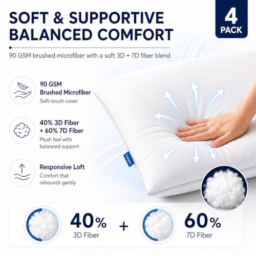 CozyLux Standard Size Bed Pillows Set of 4 - 18x26 Inches, Medium Support