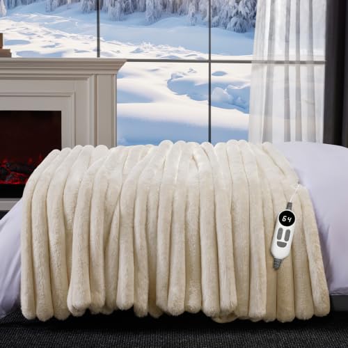 HaloRest Cream White 50x60 Inch Heated Faux Fur Throw Blanket - Electric, Soft & Safe