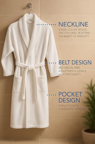 BIOLINEN White Cotton Shawl Collar Bathrobe with Slippers, One Size
