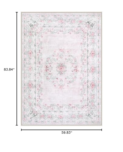 Pink Floral Bow Area Rug 5x7 for Bedroom & Nursery Washable Non-Slip Soft Carpet