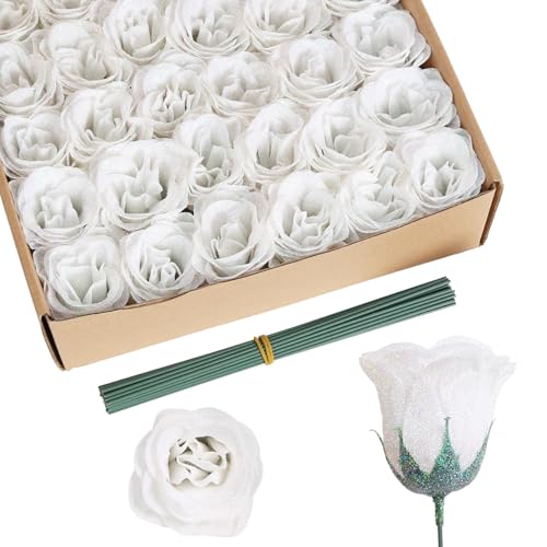 Glitter Flowers,30PCS White Roses Artificial with Stems for Wedding