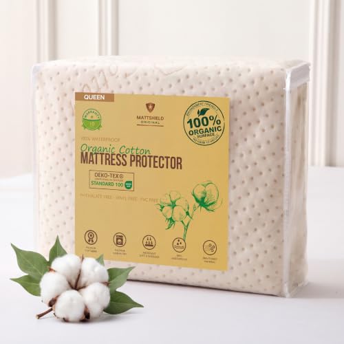 MATTSHIELD Organic Waterproof Mattress Protector Queen Size - Breathable Cotton Cover