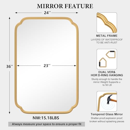 Gold Bathroom Vanity Mirror 24x36 Inch Wall-Mounted Modern Rectangular with Metal Frame - Variation of THIS listing
