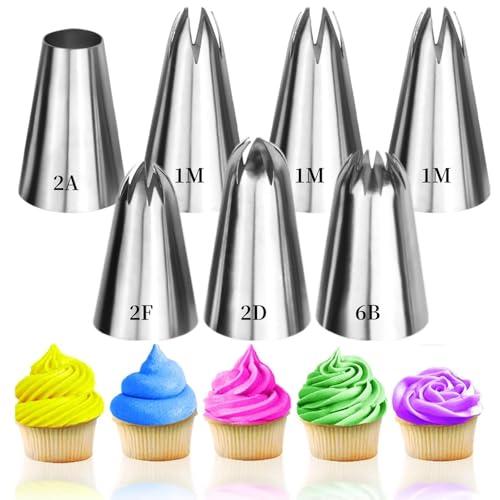 7Pcs 1M 2D 2F Large Piping Tips Set, Stainless Steel Cake Decoration Piping Tips, Piping Nozzles Baking Tools For Buttercream Icing Birthday Cake Cupcake DIY Art