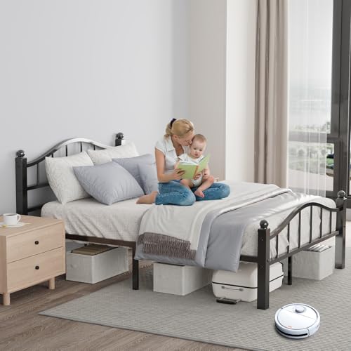 Full Size Black Metal Bed Frame with Headboard — Noise-Reducing, Space-Saving Design
