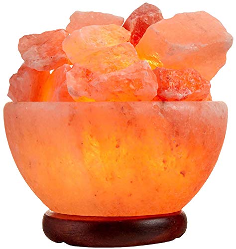 Himalayan Salt Lamp Bowl with Crystal Chunks & Wooden Base - Relaxing Amber Glow