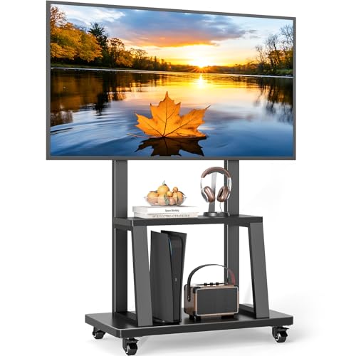 Black Rolling TV Cart for 37-75 Inch TVs Up to 150lbs - Double Shelves, Height Adjustable