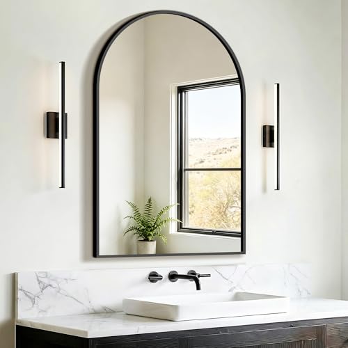 FICTOR 36x24 Inch Arched Bathroom Vanity Mirror Black with Aluminum Frame, Over Sink