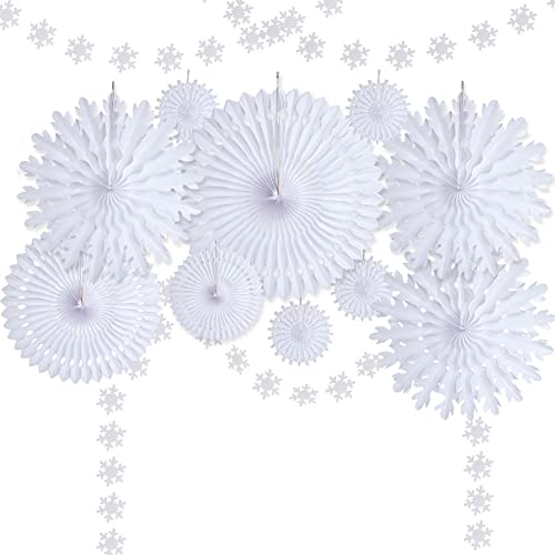 12pcs Winter Wonderland Snowflake Party Decorations Set: White Paper Fan Decor Snowflakes Garlands Banner for Frozen Birthday, Christmas, Baby Shower, Wedding