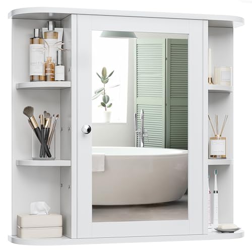 White Wall-Mounted Bathroom Medicine Cabinet with Mirror & 6 Shelves