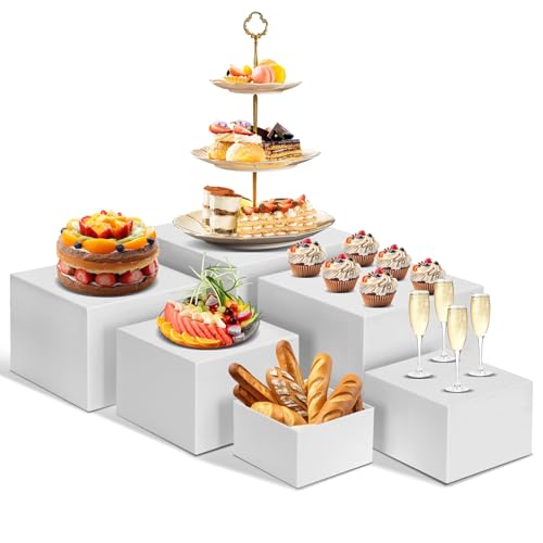 White Buffet Risers Set of 6 | Large Food Display Stands for Buffet Table & Dessert Presentation - 5 to 10 Inch Sizes