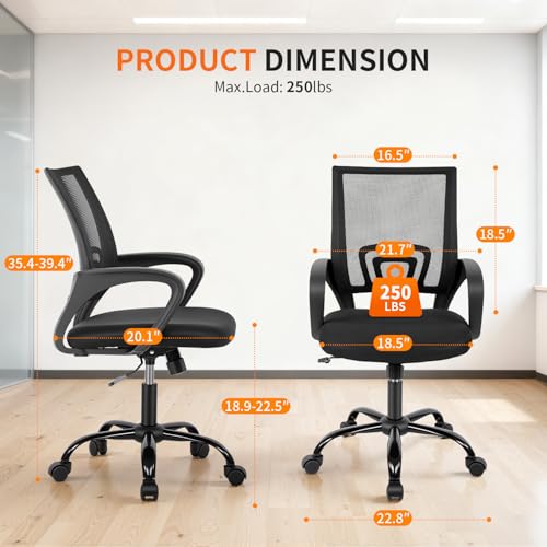 Ergonomic Mesh Office Chair Black - Adjustable Computer Desk Chair, Supports Up to 250 lbs
