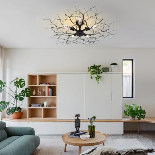 Large Semi Flush Mount Ceiling Light Fixture - Modern Black Chandelier with Branch Design, 5 Lights for Living Room and Kitchen