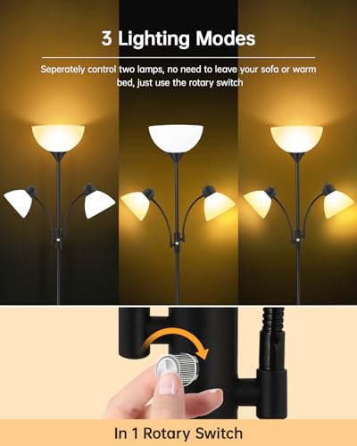 BoostArea Torchiere Floor Lamp with Reading Lights - 71 Inch Black Standing Lamp (NO BULB) - Modern 3-Way Switch
