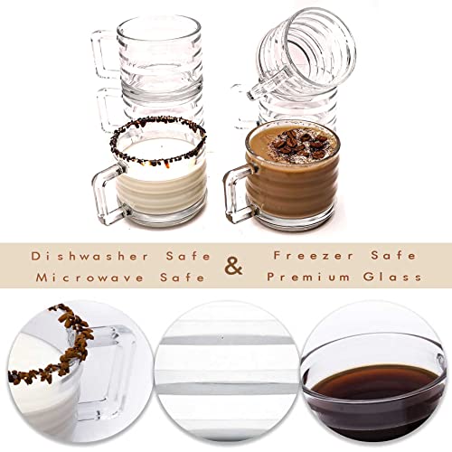 Set of 6 Stackable Fully Tempered Glass Coffee Mugs with Ribbed Design 250cc/8.5oz Turkish Coffee Cup