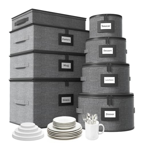 8-Piece Quilted China Storage Set with Felt Dividers - Grey