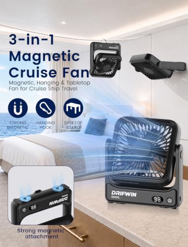 Magnetic Cruise Approved Travel Fan with 5000mAh Battery, 4-Speed Portable Fan for Cabin & Camping