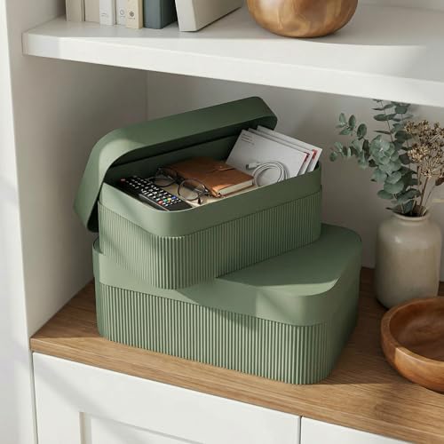 Sage Decorative Storage Boxes with Lids - Set of 2 Fluted Photo Organizer Bins