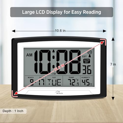 Large WallarGe Atomic Digital Clock with Indoor Temperature & Humidity – 12.5 Inch
