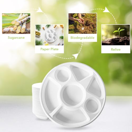 7 Compartment Bagasse Disposable Plates - Eco Friendly, 200 Count - Round
