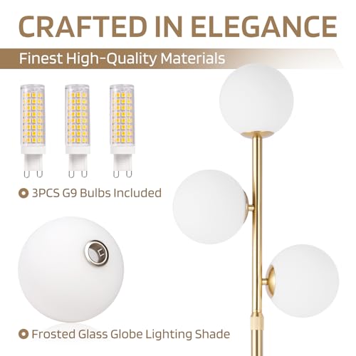 Vallerico 3-Globe Mid Century Floor Lamp - Gold Finish, Adjustable Height, Marble Base