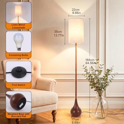 Boho Farmhouse Floor Lamp with Foot Switch & Walnut Finish - 12W LED Bulb Included