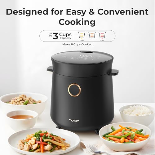 Black TOKIT Mini Rice Cooker 3-Cup Capacity with 9 Presets, Portable Kitchen Appliance