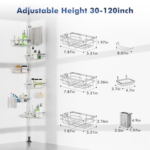 Silver Shower Caddy Corner Tension Pole with 6-Tier Stainless Steel Shelves Bathroom Organizer