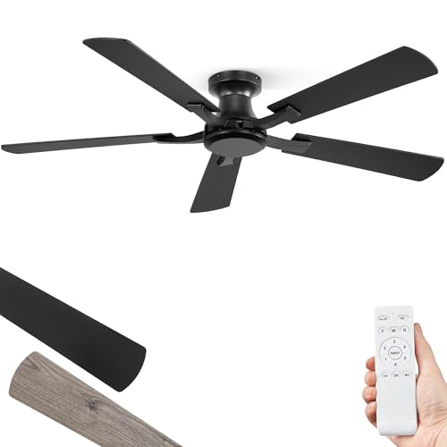 Black 52 Inch Ceiling Fan No Light Flush Mount Low Profile - Whisper-Quiet DC Motor