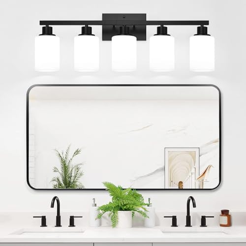 Matte Black 5-Light Bathroom Vanity Light Fixture with Milky White Shades — Over Mirror, Modern Wall Lamp