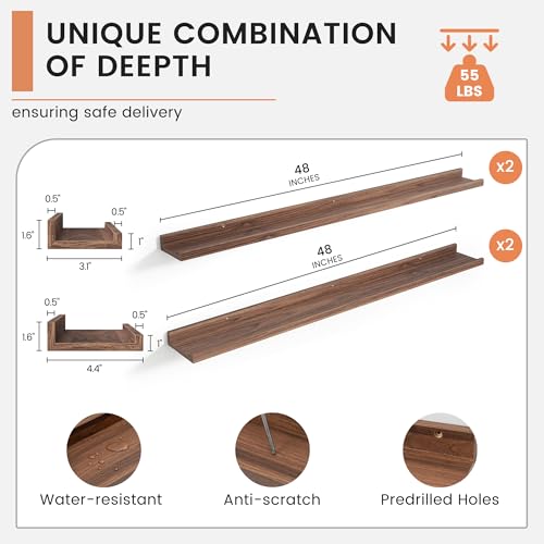 FlyJoe Walnut Floating Picture Ledge Shelves Set of 4, 48-inch Wall Display