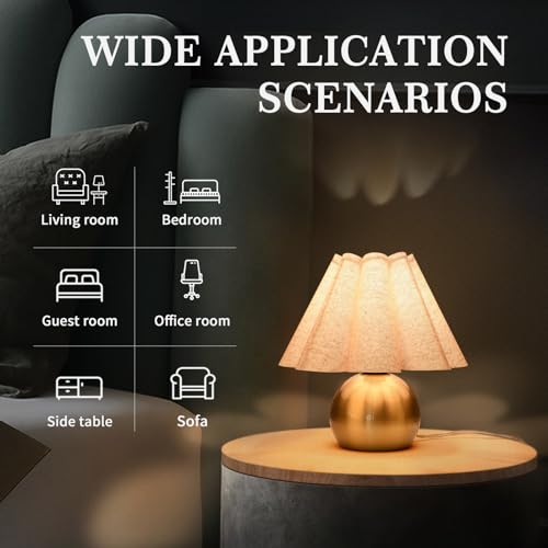 Ziqqeelam Gold Small Bedside Table Lamp with On/Off Switch - Brass Nightstand Light for Bedroom, Living Room, Kids Dorm, Mini Scalloped Shade