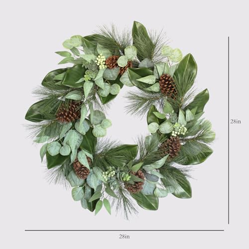 CG Hunter Magnolia Eucalyptus Pinecone Christmas Wreath 28" - Mixed Foliage Holiday Decor