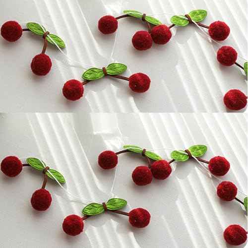 3 Pack Cherry Garland Decoration Felt Cherries Birthday Garlands Banner DIY Fruit Hanging Decorations Home Decor Garland Decorations for Christmas Birthday Wedding Fireplace Decor