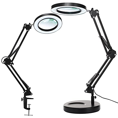 KIRKAS 12X Magnifying Glass with Light & Stand, Black, 9.06in Clamp & Base