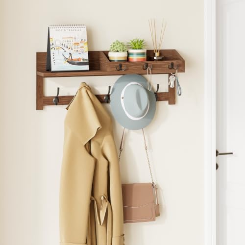 AMBIRD Wall Hooks with Shelf - 26.57 Inch Wooden Coat Rack with Dual & Key Hooks for Entryway, Brown