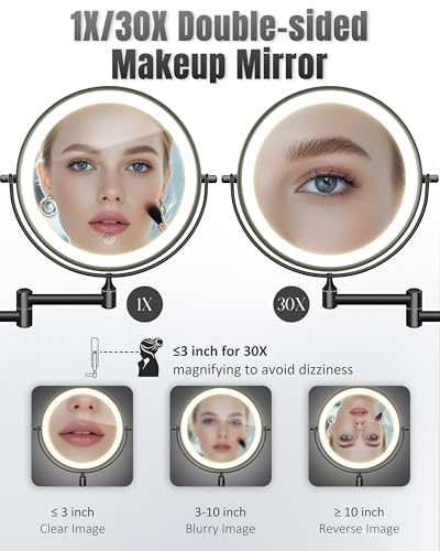 VPU 8 Inch Wall Mounted Magnifying Makeup Mirror with Light - Black (30X/1X, Rechargeable, Dimmable, Dual-Sided)