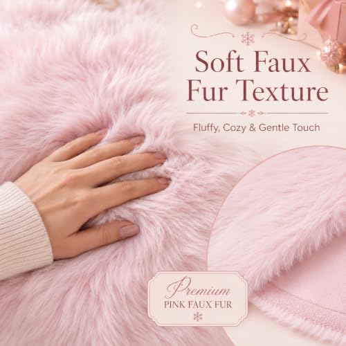 AOGU 60 Inch Pink Faux Fur Christmas Tree Skirt for Holiday Decor