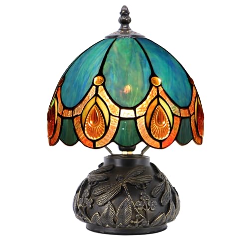 Mini Tiffany Mushroom Table Lamp - Peacock Crystal Accent Nightlight 11 Inch