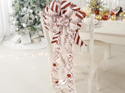 HUIHUANG Red Christmas Tree Topper Bow 13x45 Inch, Red and White, Wired Holiday Decor